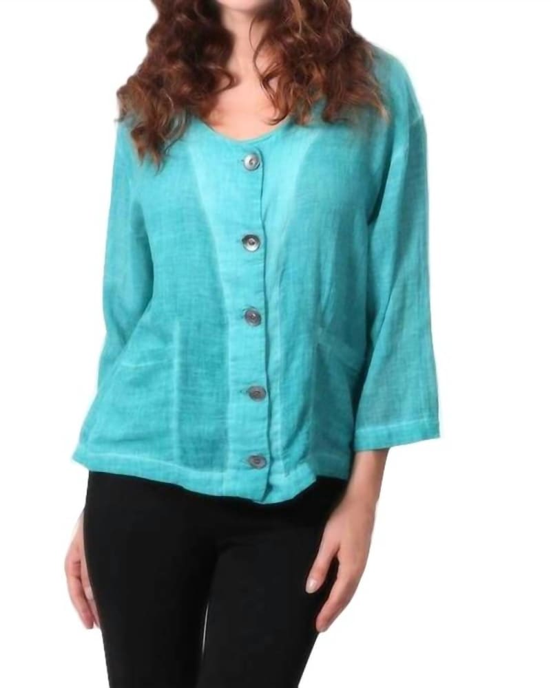 Front of a model wearing a size LG Oil Wash Pocket Cardigan in Teal in Teal by ANGEL. | dia_product_style_image_id:327520